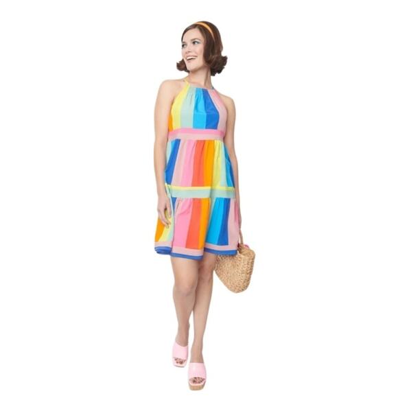 SOLUTION Rainbow Striped Shift Dress Size Medium - Picture 1 of 10